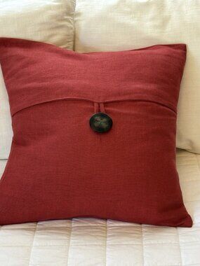 Pottery Barn Red Linen Throw Pillow Cover Wood Button 18x18 Accent Farmhouse